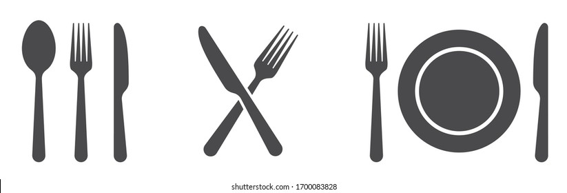 Gabel-, Messer-, Löffel- und Plattensetzsymbole. Geschirr im Flachstil. Abendessen-Service-Kollektion. Platten, Gabel und Messer für Apps und Websites. Abendessen - Stock-Vektorillustration.