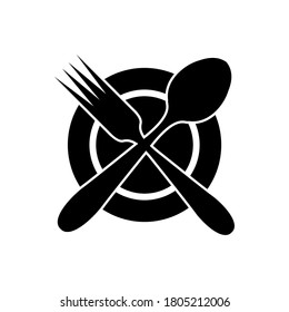 Gabel-, Messer-, Löffel- und Plattensetzsymbole. Geschirr im Flachstil. Abendessen-Service-Kollektion. Platten, Gabel und Messer für Apps und Websites. Abendessen - Stock-Vektorgrafik.