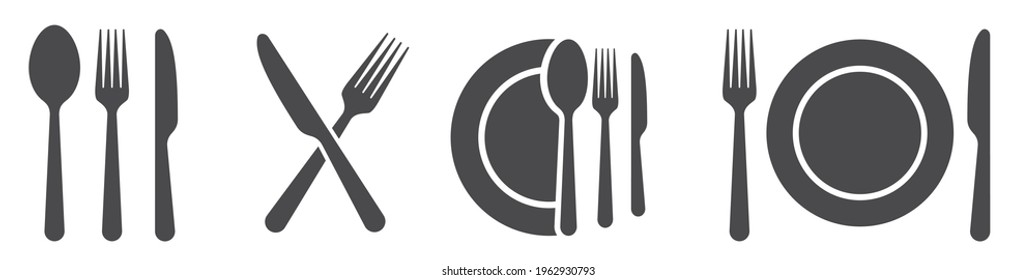 Fork, knife, spoon and plate set icons. Tableware set flat style. Dinnerservice collection. Plate, fork and knife for apps and websites. Dinner service - stock vector.