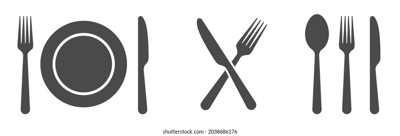 Fork, knife, spoon and plate set icons. Tableware set flat style. Dinnerservice collection. Plate, fork and knife for apps and websites. Dinner service - stock vector.