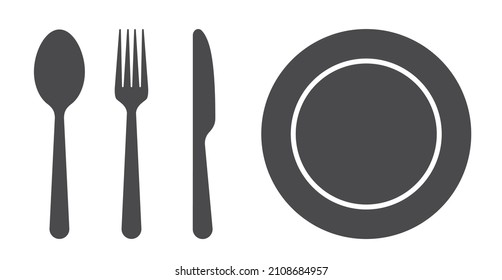 Fork, knife, spoon and plate set icons. Tableware set flat style. Dinnerservice collection. Plate, fork and knife for apps and websites. Dinner service - stock vector.