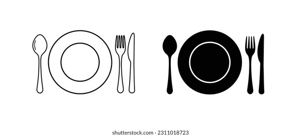 Fork, knife, spoon and plate set icons. Logotype menu. Plate with cutlery set knife spoon fork vector line art vector illustration. 
