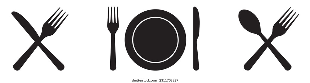 Fork, knife, spoon and plate set icons. Tableware set flat style. Dinnerservice collection. Plate, fork and knife for apps and websites. Dinner service - stock vector.EPS 10