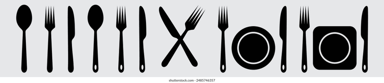 Iconos de tenedor, cuchillo, cuchara y plato. Vajilla de estilo plano. Colección de servicio. Placa, tenedor y cuchillo. Servicio de cena.