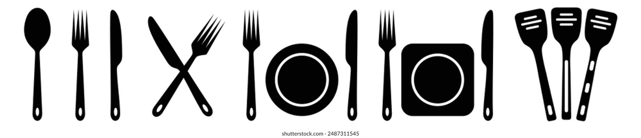 Fork, knife, spoon and plate set icons. Tableware set flat style. Dinnerservice collection.