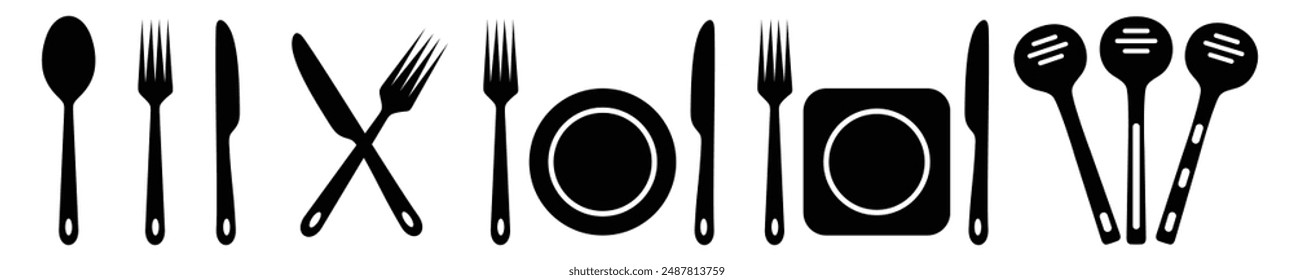 Fork, knife, spoon and plate set icons.