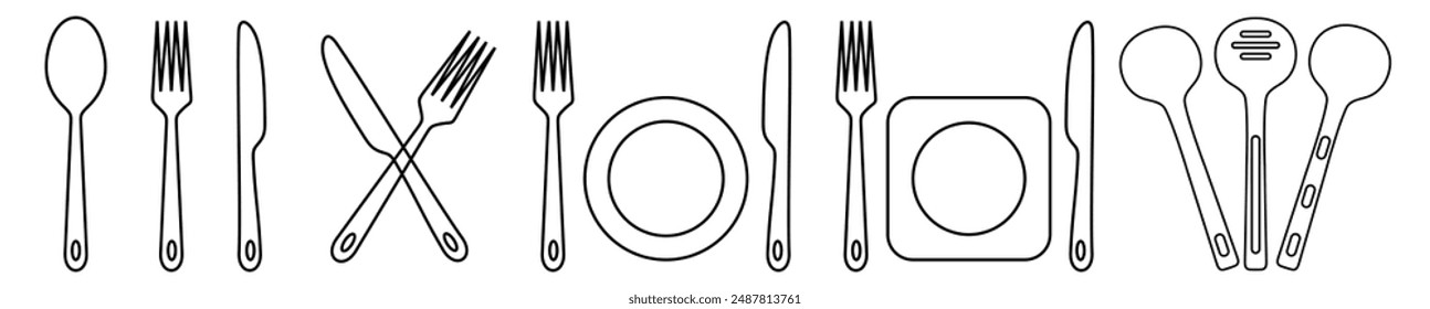 Fork, knife, spoon and plate set icons line art.