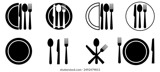 Tenedor, cuchillo, cuchara y plato conjunto iconos Vector. Colección de diseño de estilo plano de vajilla. Carteles de servicio de cena.