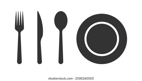 Symbole für Gabel, Messer, Löffel und Teller