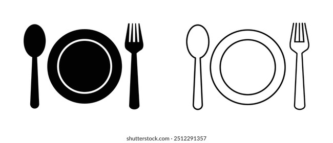 Gabel, Messer, Löffel und Teller in flachen oder Umrisssymbolen, Dinner Service Sammlung. Platte, Gabel und Messer für Apps und Websites. Logo-Geschirr. Vektorgrafik.