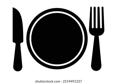 Fork, knife, spoon and plate set icons  Silhouette of cutlery vector illustration