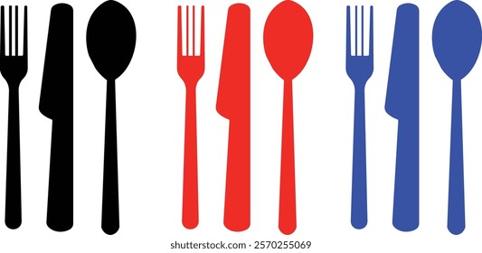 Fork, knife, spoon and plate set icons. Vector utensil illustration restaurant symbols. Cutlery and crockery sign
