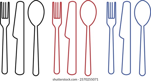 Fork, knife, spoon and plate set icons. Vector utensil illustration restaurant symbols. Cutlery and crockery sign
