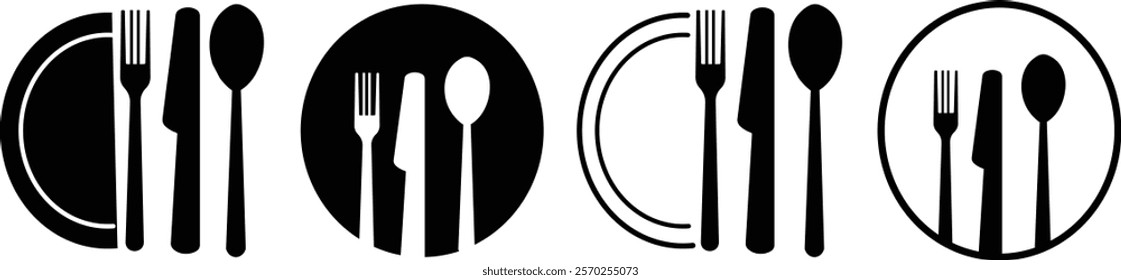 Fork, knife, spoon and plate set icons. Vector utensil illustration restaurant symbols. Cutlery and crockery sign
