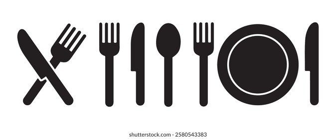 Fork, knife, spoon and plate set icons. Tableware set flat style. Dinnerservice collection. Plate, fork and knife for apps and websites. Dinner service - stock vector.