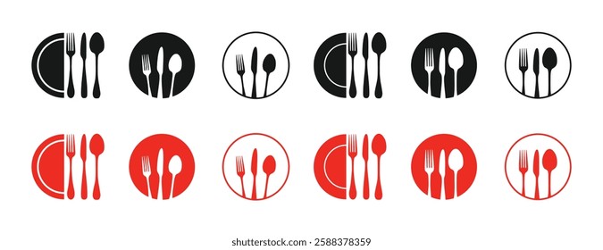 Fork, knife, spoon and plate set icons. Tableware set flat style. Dinner service collection. Plate, fork and knife for apps and websites. Dinner service - stock vector.