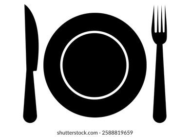 Fork, knife, spoon and plate set icons  Silhouette of cutlery vector illustration

