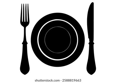 Fork, knife, spoon and plate set icons  Silhouette of cutlery vector illustration
