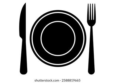 Fork, knife, spoon and plate set icons  Silhouette of cutlery vector illustration
