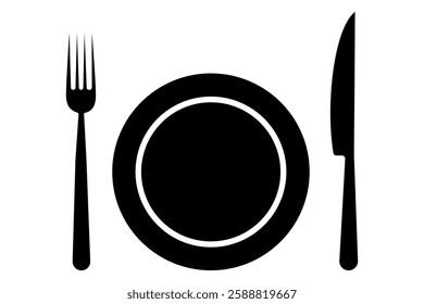 Fork, knife, spoon and plate set icons  Silhouette of cutlery vector illustration
