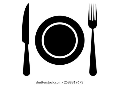 Fork, knife, spoon and plate set icons  Silhouette of cutlery vector illustration
