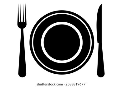 Fork, knife, spoon and plate set icons  Silhouette of cutlery vector illustration
