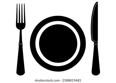 Fork, knife, spoon and plate set icons  Silhouette of cutlery vector illustration
