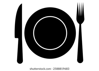 Fork, knife, spoon and plate set icons  Silhouette of cutlery vector illustration
