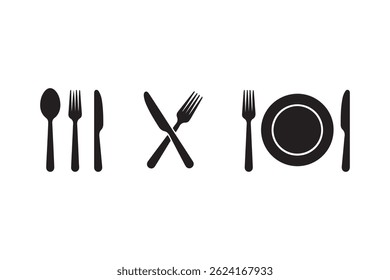 Fork, knife, spoon and plate set icons. Tableware set flat style. Dinnerservice collection. Plate, fork and knife for apps and websites. Dinner service - stock vector.