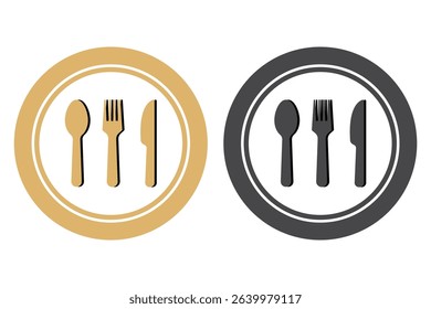 Fork, knife, spoon and plate set icons.  Menu symbol. Tableware instruments.