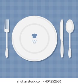 Fork, knife, spoon and plate  with shadow. Dining etiquette. Foods Service icon. Menu card. Simple flat vector illustration, EPS 10.