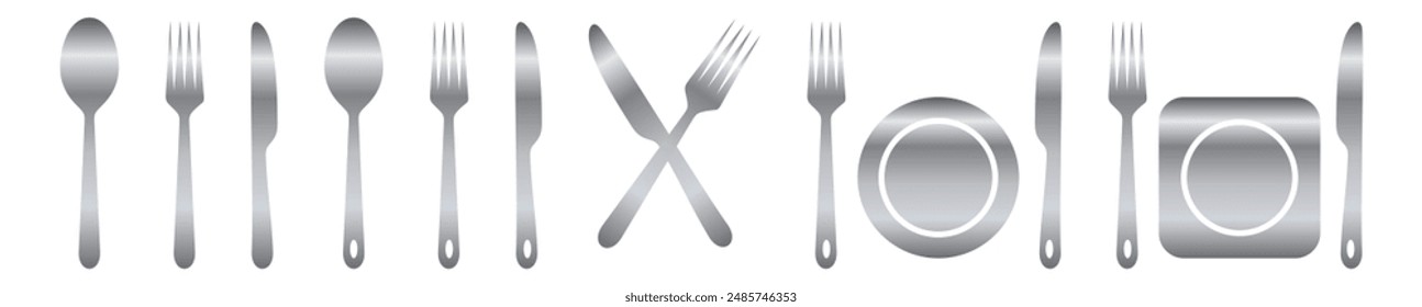 Iconos del sistema del acero inoxidable de la horquilla, del cuchillo, de la cuchara y de la placa. Vajilla de estilo plano. Colección de servicio. Placa, tenedor y cuchillo. Servicio de cena.