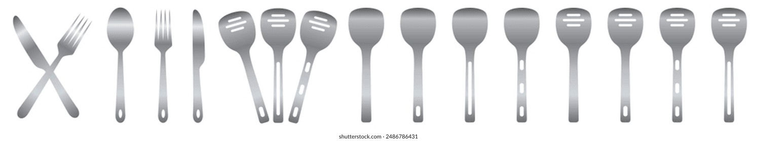 Fork, knife, spoon and plate Stainless Steel set icons. Tableware set flat style.