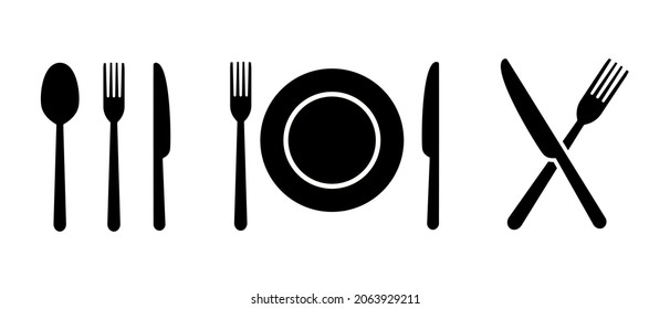 Fork, knife, spoon and plate vector icons set. Tableware flat style