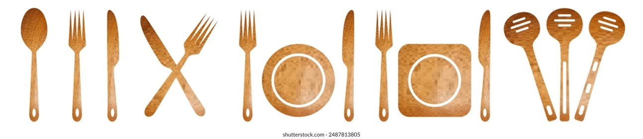 Fork, knife, spoon and plate Wooden set icons.