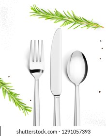 Fork, knife, spoon with rosemary branch, pepper, salt set. Vector illustration isolated on white background. Ready for your design. EPS10.
