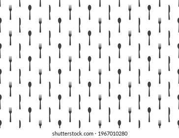 Fork, knife, spoon seamless pattern. Seamless pattern with cutlery on white background. Kitchen background and texture. Tablecloth for restaurant, lunch, meal, cafe, food. Gastronomy wallpaper. Vector