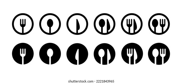  Fork, knife, and spoon set icons. Plate, fork and knife for apps and websites. Dinner service - stock vector