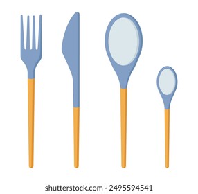 tenedor, cuchillo, cuchara conjunto de objetos, utensilios de cocina, cuchara de té, cucharada, cocinar, comer, herramientas domésticas, Ilustración vectorial