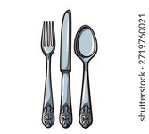 Fork, knife and spoon set with ornate handles, classic table cutlery in vintage engraving style, detailed metal utensils with decorative pattern. vector illustration