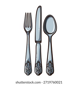 Tenedor, cuchillo y cuchara con asas adornadas, cubiertos de mesa clásicos en estilo de grabado vintage, utensilios de metal detallados con patrón decorativo. Ilustración vectorial