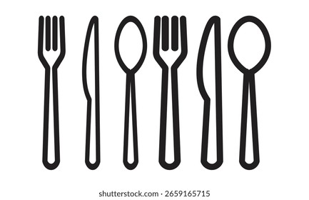 Tenedor cuchillo cuchara signo conjunto, Ilustración vectorial .
