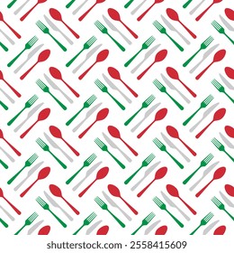 Fork, knife, spoon silhouettes and contours. italiat white background. Cutlery icon seamless pattern. texture for menu. Vector illustration in flat style.