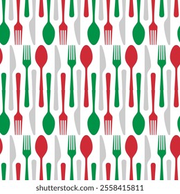 Fork, knife, spoon silhouettes and contours. italia white background. Cutlery icon seamless pattern. texture for menu. Vector illustration in flat style. icon