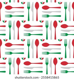 Fork, knife, spoon silhouettes and contours. Cutlery icon seamless pattern. texture for menu. Vector illustration in flat style. italian