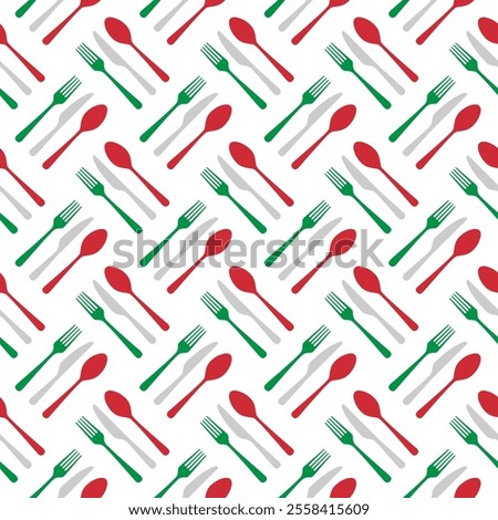 Fork, knife, spoon silhouettes and contours. italiat white background. Cutlery icon seamless pattern. texture for menu. Vector illustration in flat style.