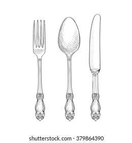 Fork, Knife, Spoon sketch set. Cutlery hand drawing collection. Catering engraved vector illustration. Restaurant  symbol