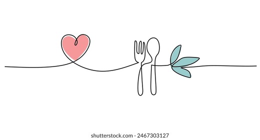 Fork, knife and spoon with vegetable leaf love symbol in continuous line art drawing style isolated on white background. Healthy food concept vector illustration.