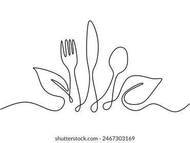 Tenedor, cuchillo y cuchara con hoja vegetal en estilo de dibujo de arte de línea continua aislado sobre fondo blanco. Ilustración vectorial de concepto de comida saludable.