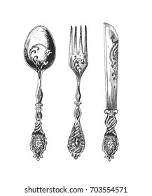 Fork, knife and spoon - vintage, Hand Drawn Sketch Vector Background.